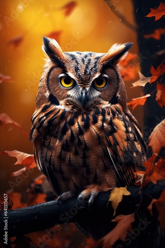 Close up of an Owl over a Autumnal Background.