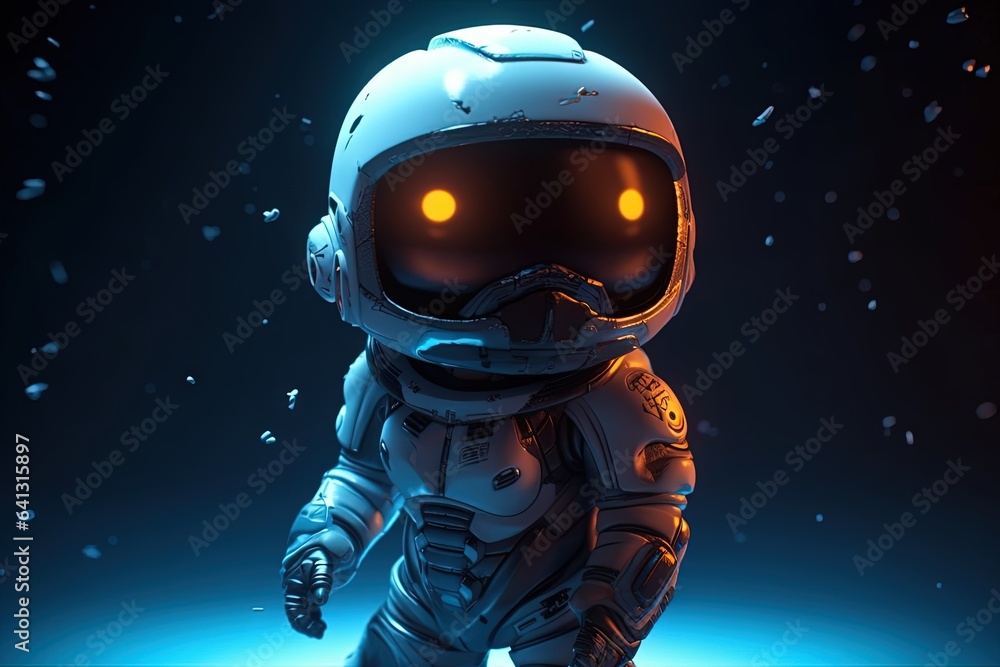 Astronaut in space in 3D style. Spacesuit, universe journey, warrior, big headed toy statuette with big eyes, glowing light. Astronaut in space in 3D style. Spacesuit, universe journey, warrior, big headed toy statuette with big eyes, glowing light.