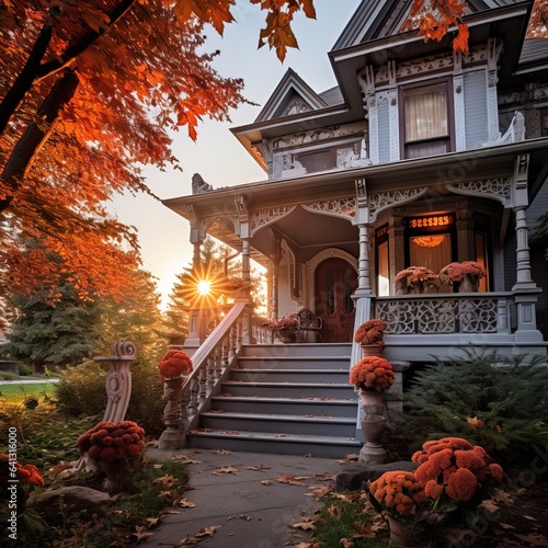 Wallpaper Mural Beautiful Entrance of a Big House during the Fall Season, Autumn. Orange Leafs on the Ground. Torontodigital.ca