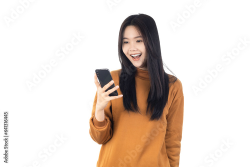 Portrait of a smiling casual Asian woman holding smartphone isolated on white background with clipping path.