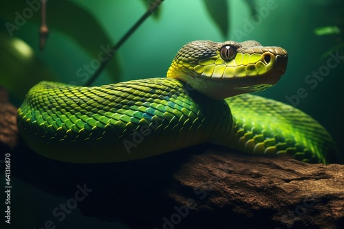 Amazing Shot of a Dangerous Green Snake over a Tropical Background.
