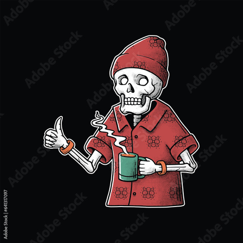 Skeleton Drinking Coffee Hand Drawn Vector Illustration. Design element for shirt design, logo, sign, poster, banner, card
