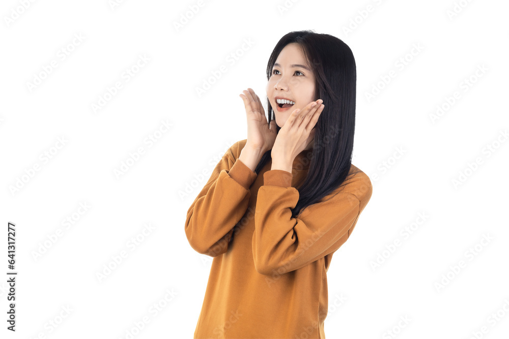 Asian young woman smiling, happiness and surprise isolated on white background with clipping path. Expression shock price or mockup for display discount product. Asian young woman smiling, happiness and surprise isolated on white background with clipping path. Expression shock price or mockup for display discount product.