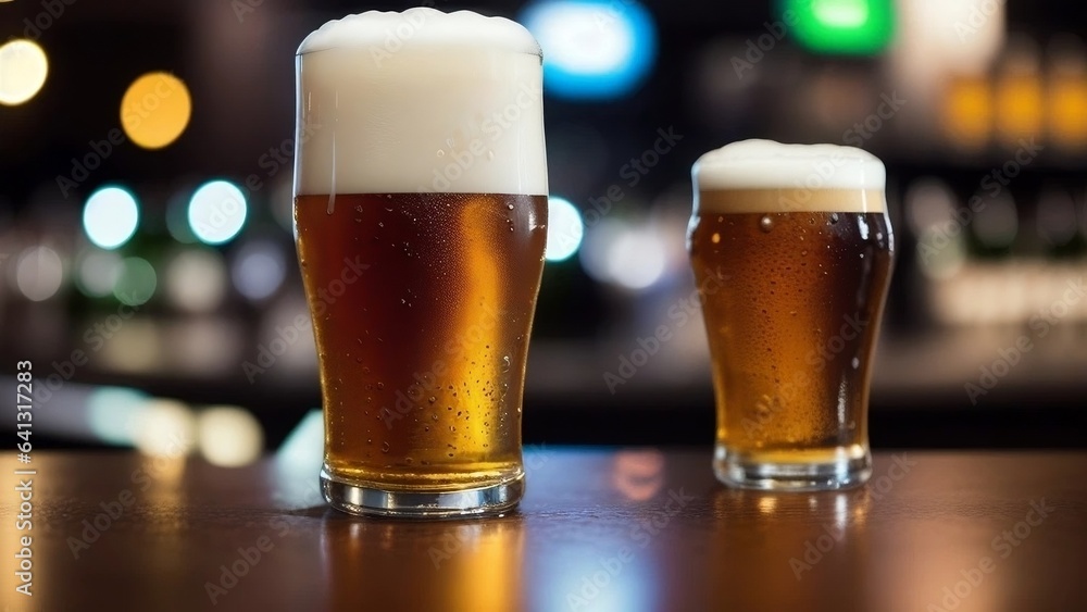 glasses of beer on a bar counter glasses of beer on a bar counter