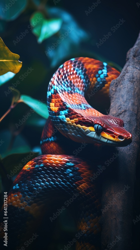 Obraz premium Amazing Shot of a Colorful Snake over a Tropical Background.