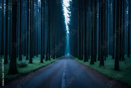 road in the forest at night.