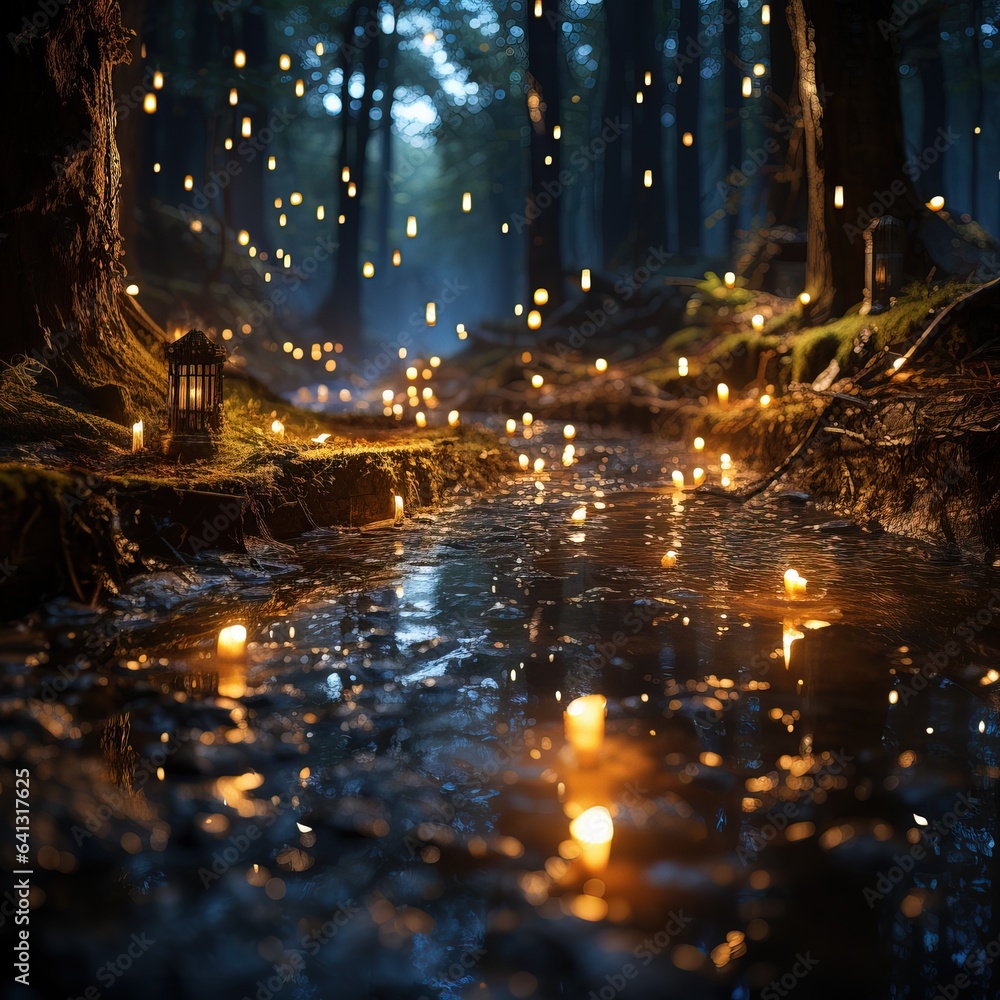 Amazing Shot of a River in the middle of a Mystical & Magical Forest with lot of Glowing Particles Floating over it.