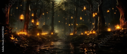 Amazing Shot of a River in the middle of a Mystical & Magical Forest with lot of Glowing Particles Floating over it.