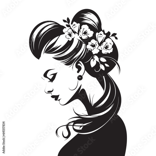 The face of a beautiful girl with flowers in her hair. black and white silhouette. Creative beauty design.