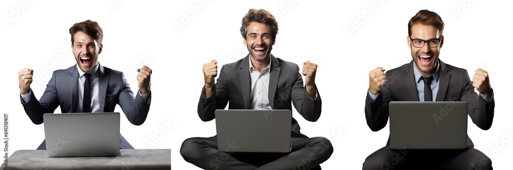 Happy businessman using laptop transparent background Happy businessman using laptop transparent background