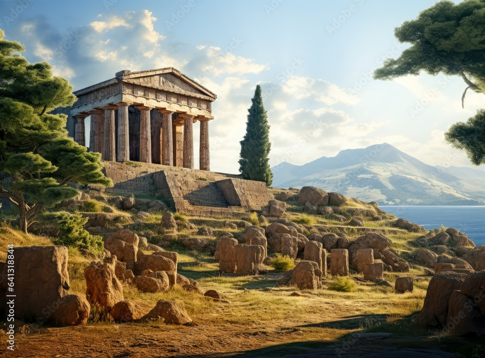 Ancient temples of segue in Italy, Temple in ancient Grecian hills, Ancient Greek temple. 