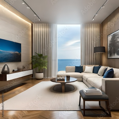 Interior design for a living room made of brown wood and white walls on the sea