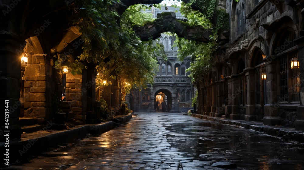 Old stone archway in the middle of a cobblestone street. Generative AI.