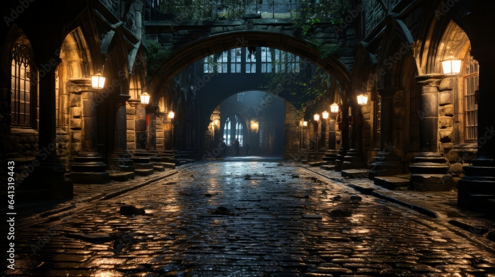 Old stone archway in the middle of a cobblestone street. Generative AI.