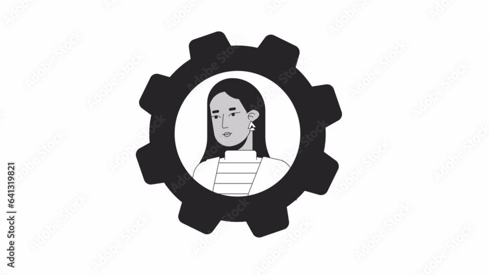 Middle eastern woman gear rotating bw outline 2D avatar icon animation. Monochrome linear cartoon 4K video, alpha channel. Arabic female young animated person head isolated on white background Middle eastern woman gear rotating bw outline 2D avatar icon animation. Monochrome linear cartoon 4K video, alpha channel. Arabic female young animated person head isolated on white background