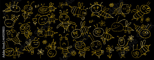 Funny Bees family. Beehive for your design. Horizontal print background