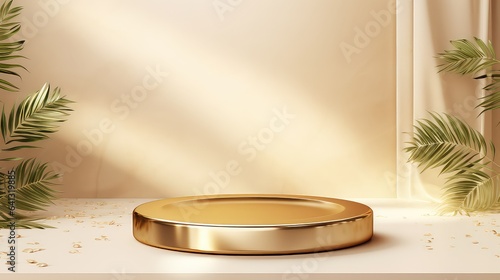 Golden product display stand background with sunlight and leaves