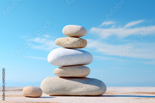 Stack of zen stones on a wooden table with blue sky background