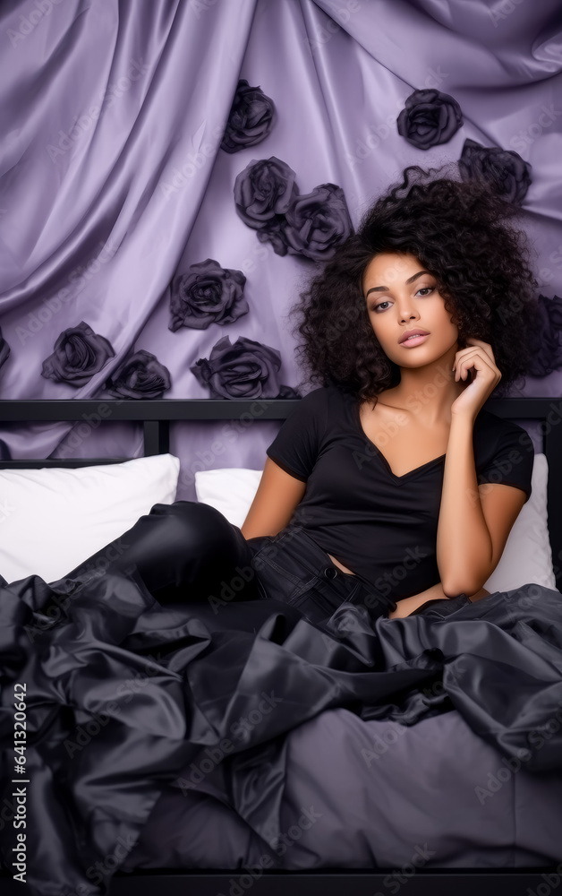 Naklejka premium Beautiful brunet woman with curly hair posing on her bed, purple background. 