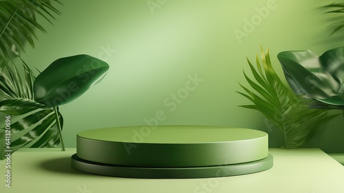 Green product display stand background with sunlight and leaves
