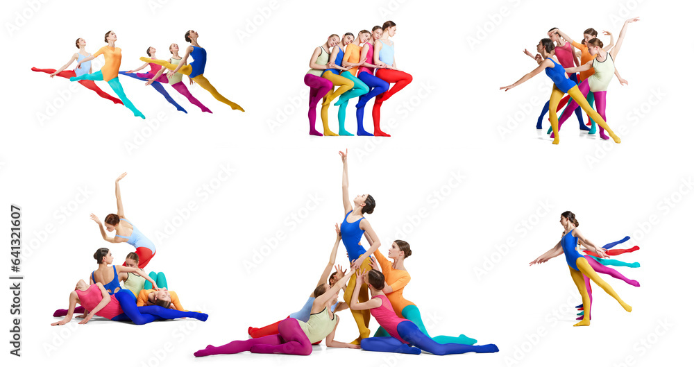 College. Young girls in colorful costumes dancing ballet, making creative performance on white background. Concept of classical dance, choreography, art, festival, inspiration. Banner, flyer, ad College. Young girls in colorful costumes dancing ballet, making creative performance on white background. Concept of classical dance, choreography, art, festival, inspiration. Banner, flyer, ad