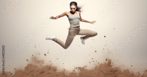 a woman in mid-air with arms extended in a joyful leap