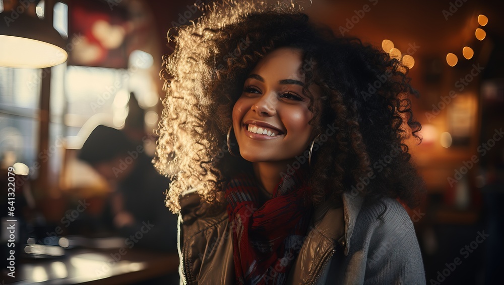 frican american woman smiles in a pub