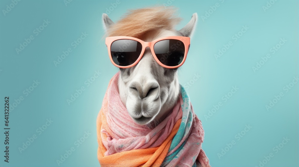 a stylish llama wearing sunglasses and a scarf