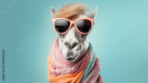 a stylish llama wearing sunglasses and a scarf © mattegg