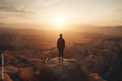 A traveler standing on a high viewpoint  overlooking a vast  picturesque landscape. The image represents the spirit of exploration and adventure. Generative AI.