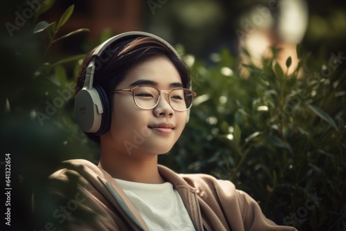 A smiling Asian teenager boy adolescent enjoying a moment of relaxation and self-care  listening to music. Dedication to personal well-being. Generative AI