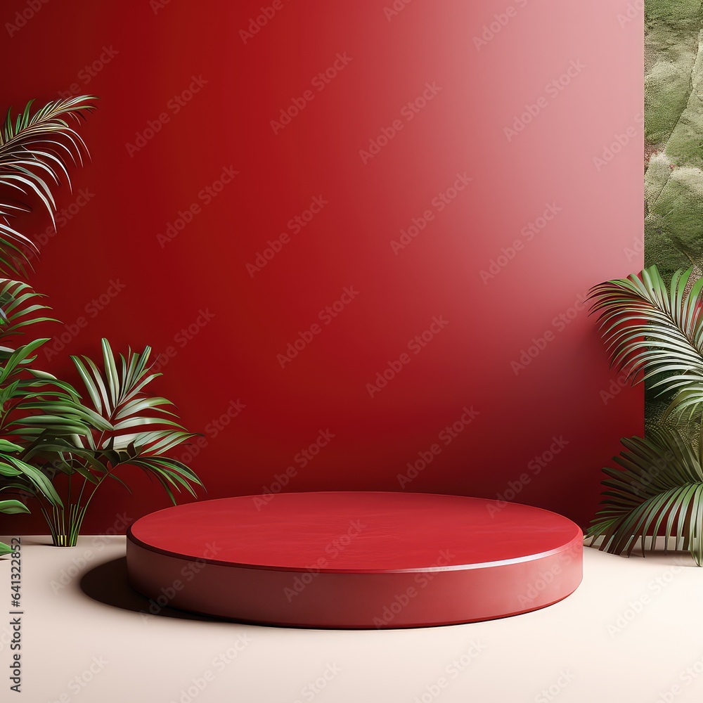 red product display stand background with sunlight and leaves red product display stand background with sunlight and leaves