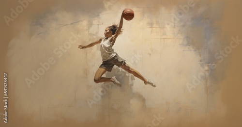 a dynamic painting capturing the athleticism and grace of a woman soaring through the air while playing basketball
