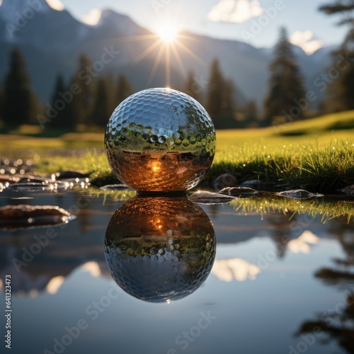 Golf ball on muddy grass field, sport theme concept, blog, website, media social, marketing, tournament, competition, hobby, luxury hobby. Generative Ai Images