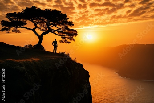 Cliffside tranquility, Silhouetted trees and man form serene, sunset scene