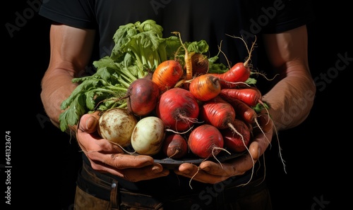 Organic vegetables Farmer hands with freshly harvested vegetables . Generative AI
