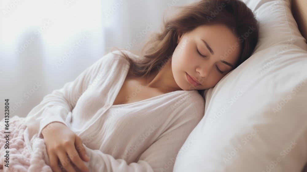 Portrait of a young woman sleeping in bed at home. Young woman lying on a sofa and relaxing with closed eyes. Closeup of a young girl resting on a sofa. Daytime sleep Portrait of a young woman sleeping in bed at home. Young woman lying on a sofa and relaxing with closed eyes. Closeup of a young girl resting on a sofa. Daytime sleep