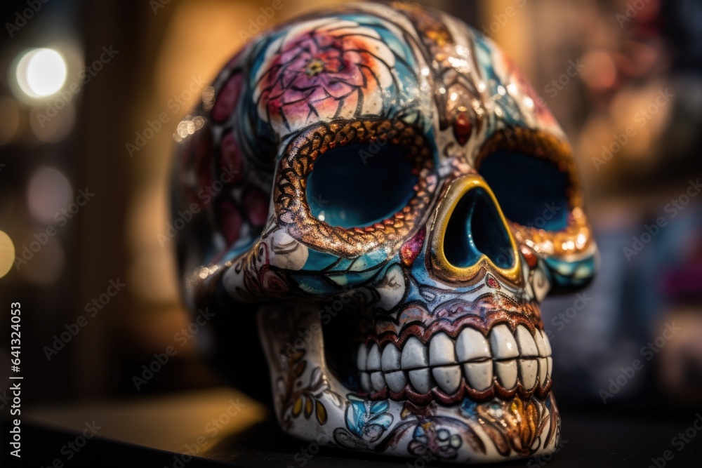 A close-up of a beautifully decorated sugar skull, intricate designs and vibrant colors. Artistic traditions of Day of the Dead. Generative AI.