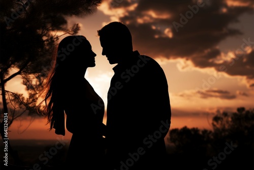 Evening skys backdrop frames serene couples touching silhouette scene