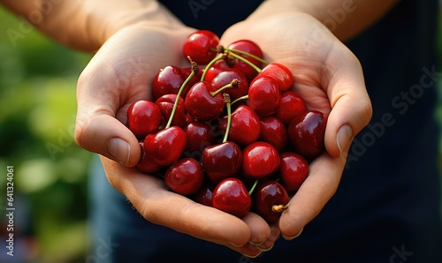 big cherries on hand, detail, photo real, tree background . Generative AI © Klnpherch