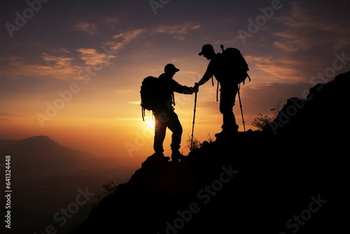 Hillside teamwork, Silhouetted men unite, extend trust, and support together