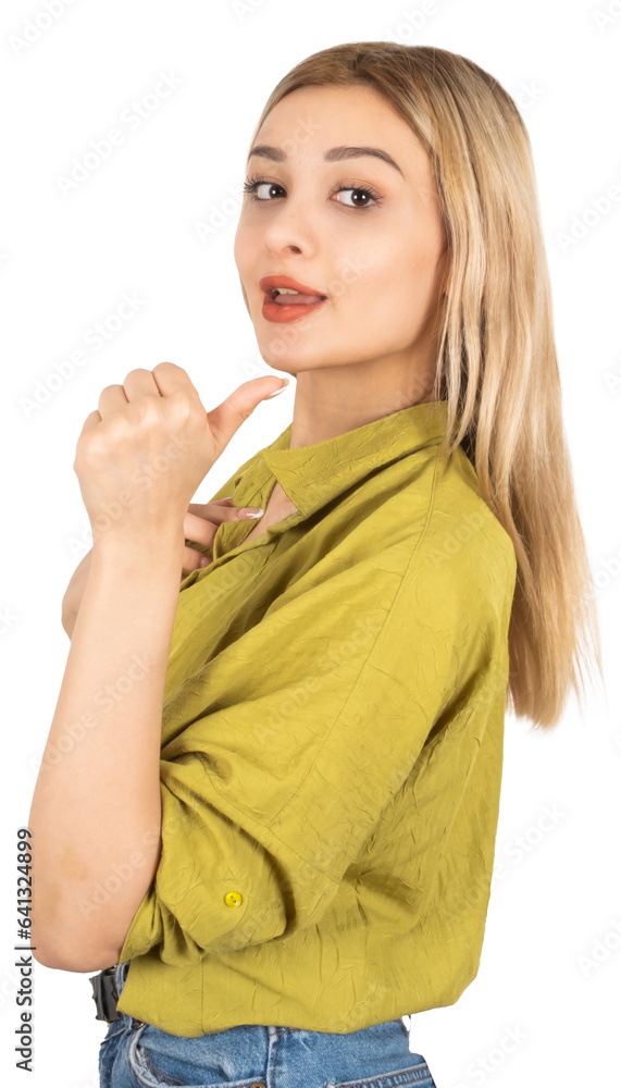 Fototapeta premium Pointing back thumb up, portrait of charming attractive young 20s caucasian blonde girl pointing back thumb up. Demonstrating copy space, workplace area. Advertising, banner, back finger empty area.