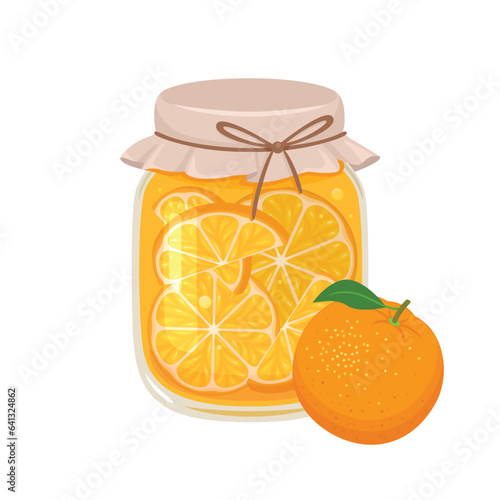 Orange jam in glass jar and fresh fruit. Vector flat icon of organic sweets. Healthy food illustration.