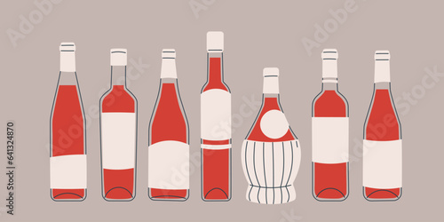 Set of bottles with red wine of various shapes and sizes. Classic shaped glass wine bottles. Isolated illustrations for wine design, menus, stickers, etc.