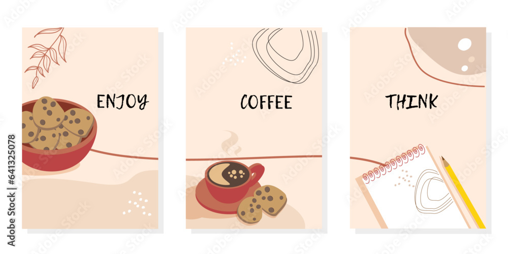 A cup of hot coffee. Cookies with chocolate chips. Note with yellow pencil. Hot drink concept. Written Enjoy Coffee Think. Vector illustration. A cup of hot coffee. Cookies with chocolate chips. Note with yellow pencil. Hot drink concept. Written Enjoy Coffee Think. Vector illustration.
