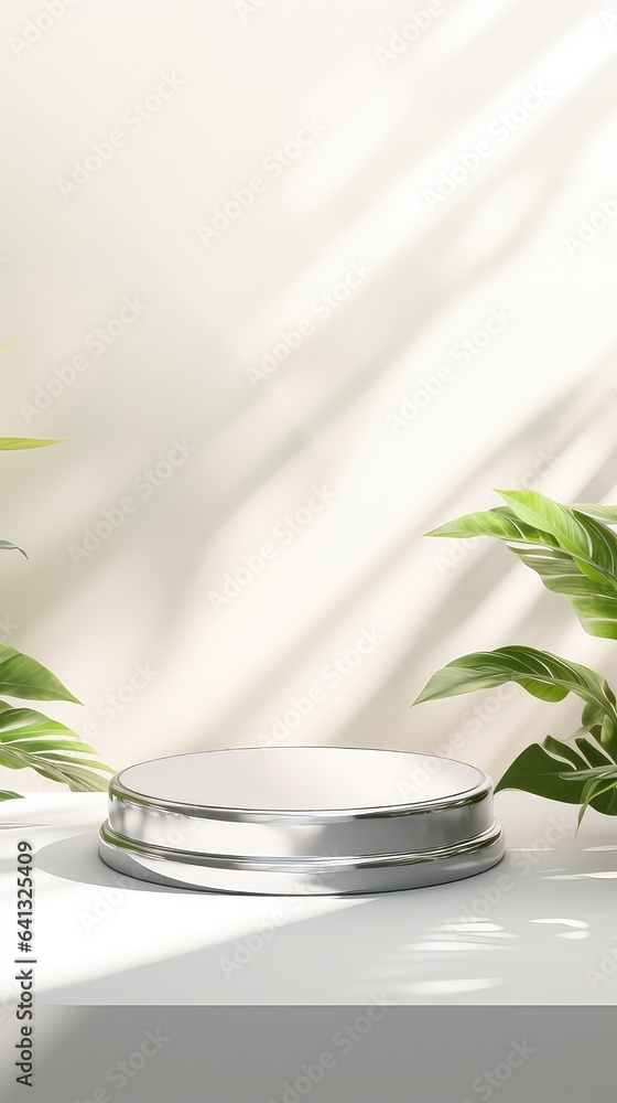 Silver product display stand background with sunlight and leaves
