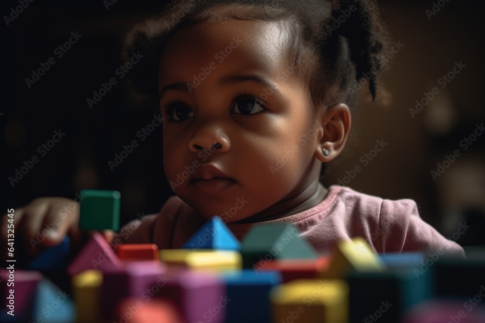 A toddler girl stacking blocks, demonstrating fine motor skills, hand