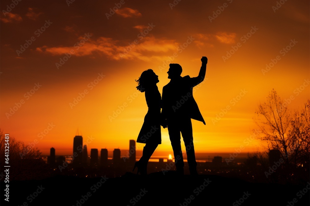 Silhouetted couple, a poetic scene against the serene evening sky