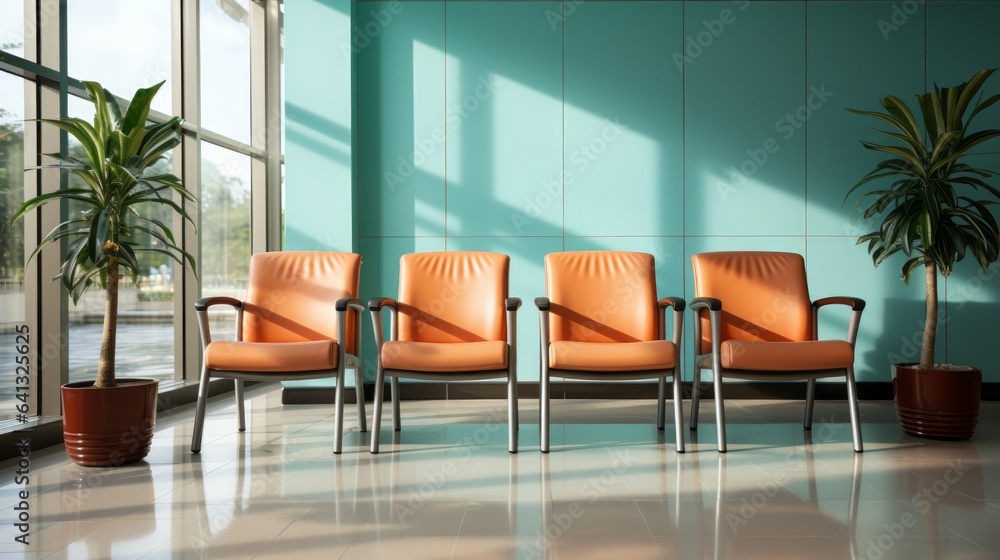 Row of chairs in waiting room of hospital or office. Generative AI.