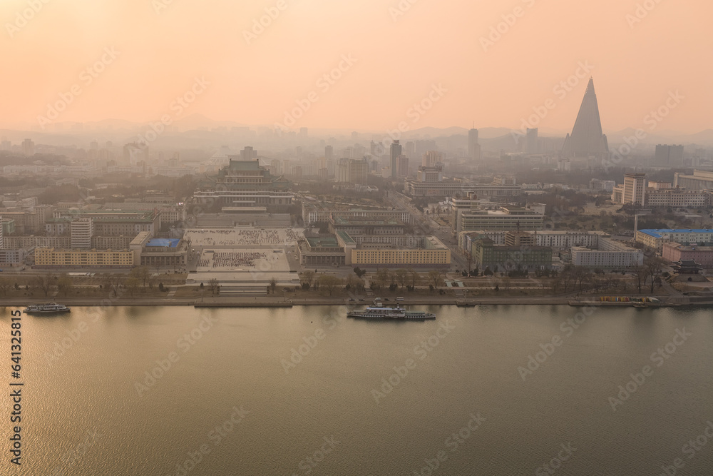 PYONGYANG, NORTH KOREA: general view from the top of Juche Tower, with Taedong river, Kim Il-Sung square, Grand People's Study House and Ryugyong hotel